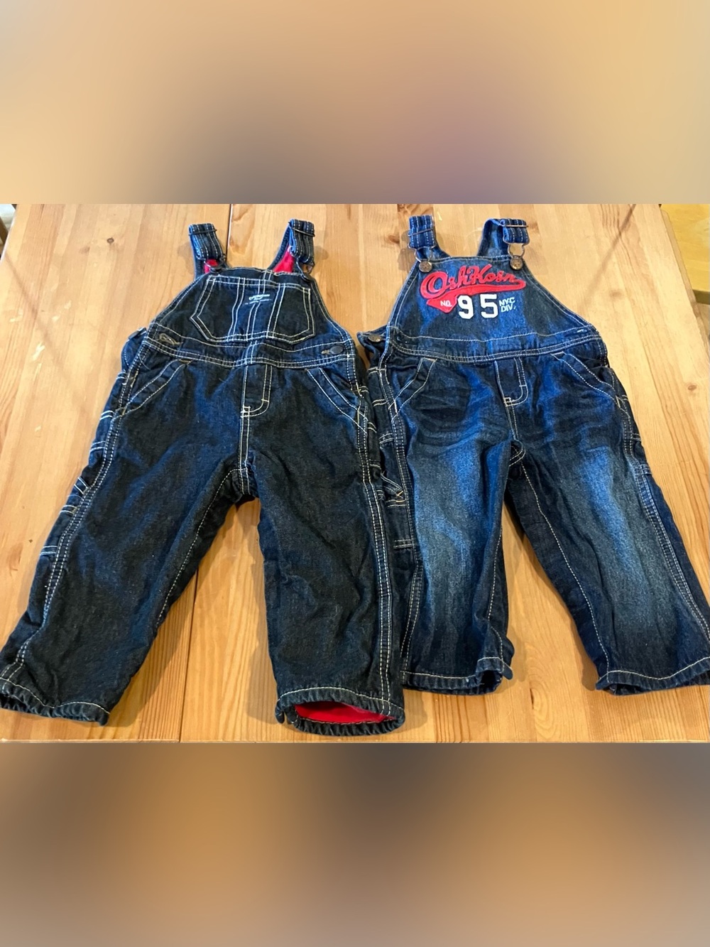 GUC Lot of 2 OshKosh B'gosh Dark Blue Denim Overalls one fleece lined 18 months